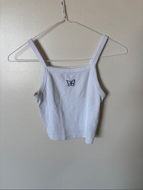White Ribbed Tank Top with Blue Butterfly Embroidery